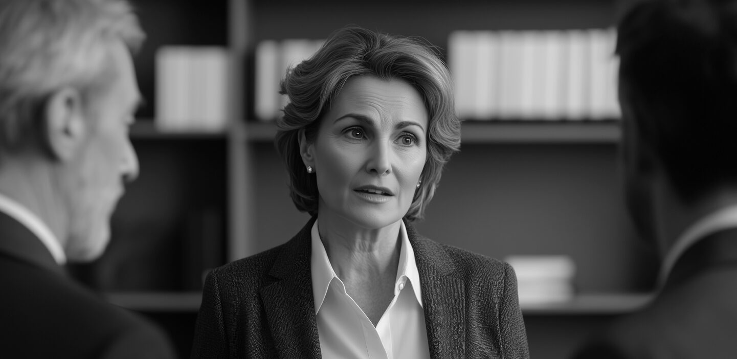Female lawyer talking with male law firm colleagues 