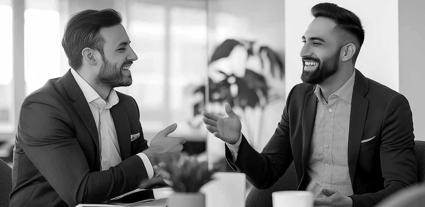 Two young professional men meeting over coffee
