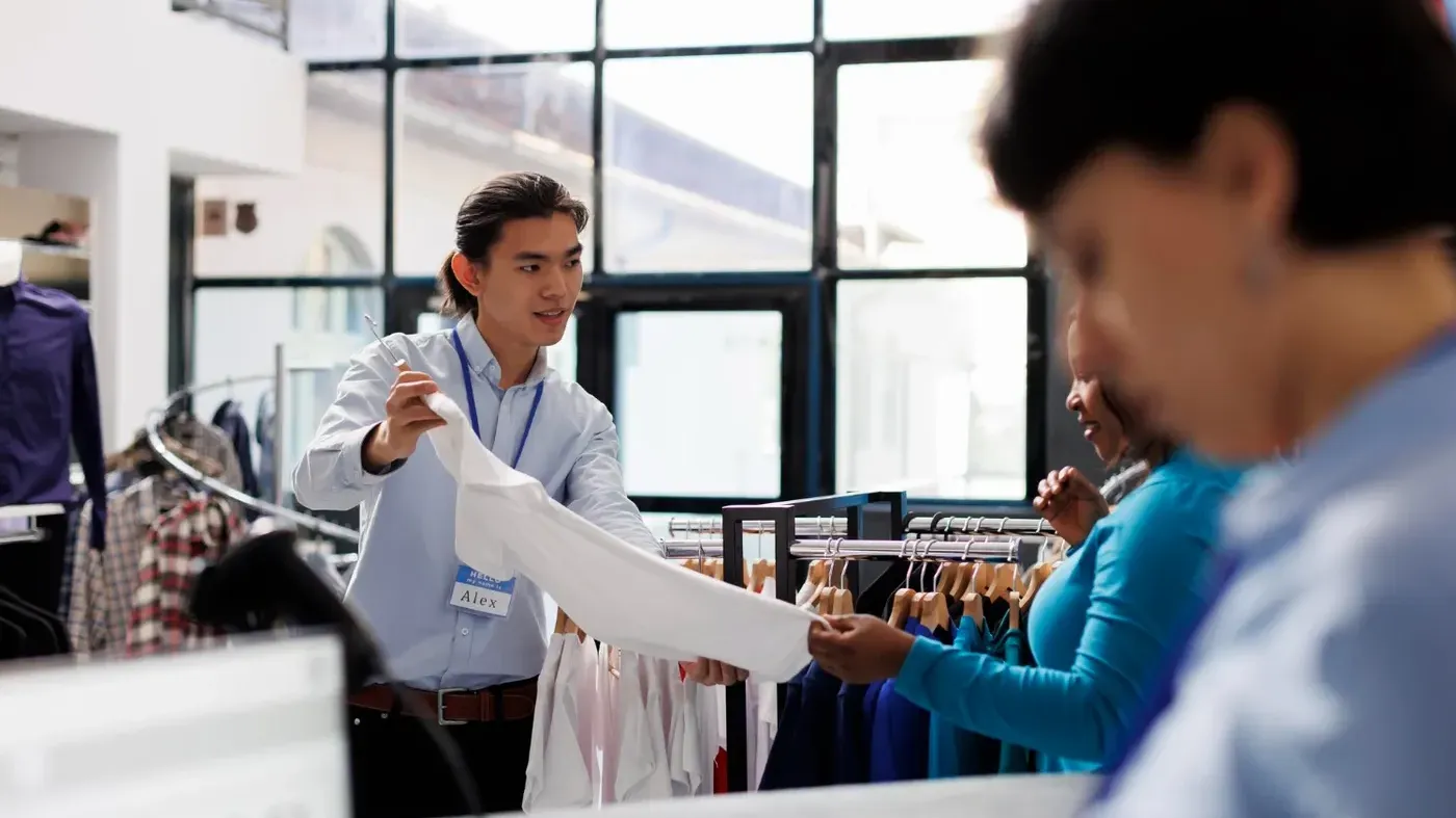 A man helping out a client at a clothing store