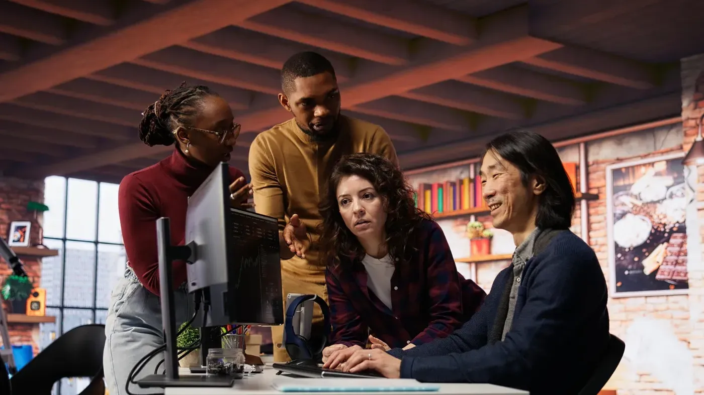A diverse team of small business professionals collaborating intensely while a cybersecurity plan on a computer monitor in an office with brick walls.