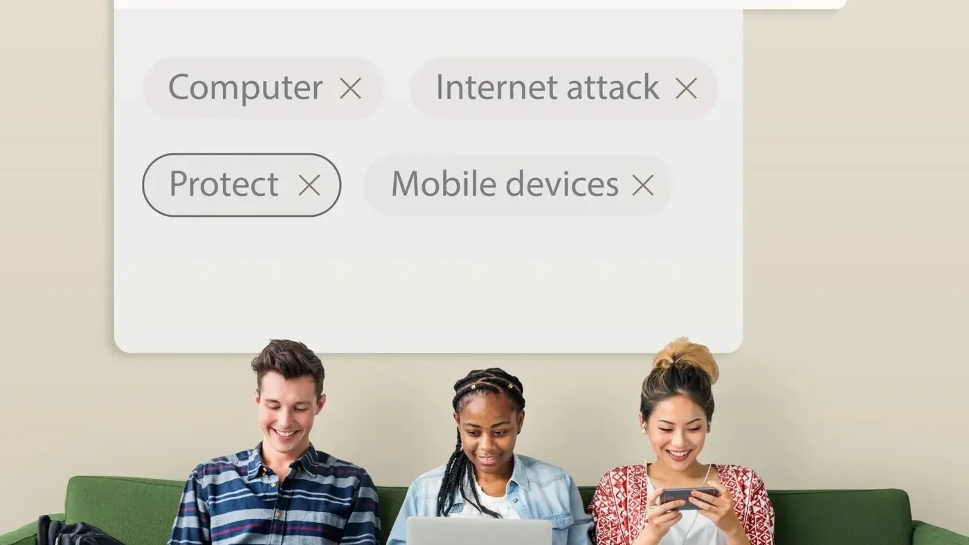 A diverse group of three young adults sitting on a green sofa using digital devices, with a "Data Protection" search bar graphic overlay above them.